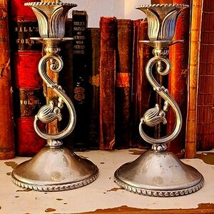 Vintage Candle holder Pair w Floral & Scroll design Wrought Iron Aluminum